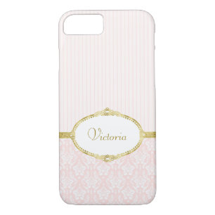 Elegant Pink Damask Vintage Gold Frame and Name iPhone 8/7 Case
