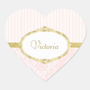 Elegant Pink Damask Vintage Gold Frame and Name Heart Sticker
