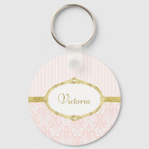 Elegant Pink Damask Vintage Gold Frame and Name Key Ring