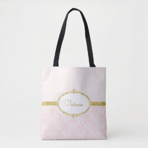 Elegant Pink Damask Vintage Gold Frame and Name Tote Bag