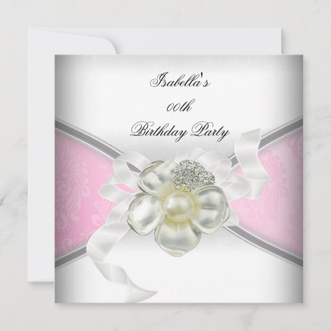 Elegant Pink Damask White Pearl Birthday Party Invitation (Front)