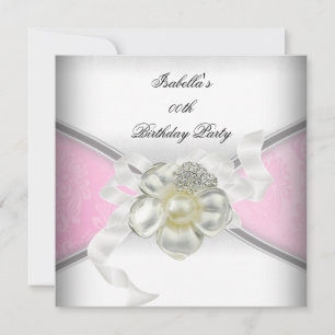 Elegant Pink Damask White Pearl Birthday Party Invitation
