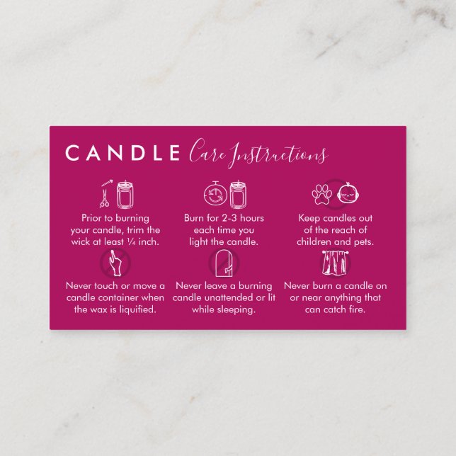Elegant Pink Dark Candle Care Instructions Business Card (Back)