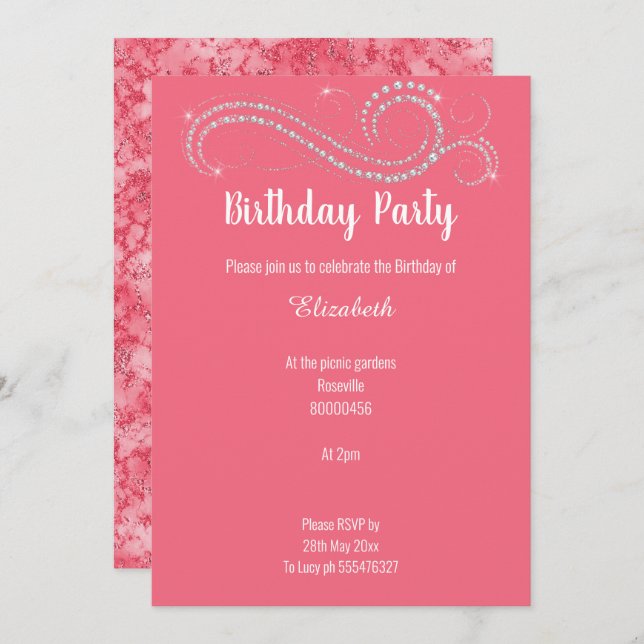 ELEGANT PINK DIAMOND MARBLE BIRTHDAY PARTY INVITATION (Front/Back)