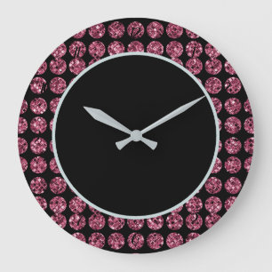 Elegant Pink Diamonds Glam Sparkle Black Pink Large Clock