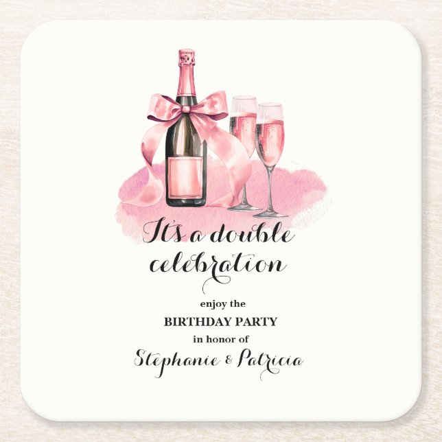 Elegant Pink Double Celebration Joint Birthday Square Paper Coaster (Front)