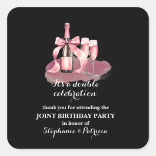 Elegant Pink Double Celebration Joint Birthday Square Sticker