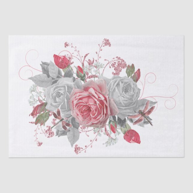 Elegant Pink Dragonfly and Roses Decoupage Tissue  Tissue Paper (Front)