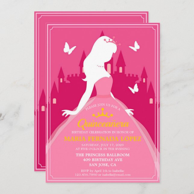 Elegant Pink Dress Quinceañera Birthday Invitation (Front/Back)