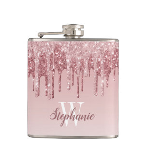 Elegant Pink Dripping Faux Glitter Monogram Hip Flask