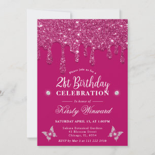 Elegant Pink Dripping Glitter 21st Birthday Invitation