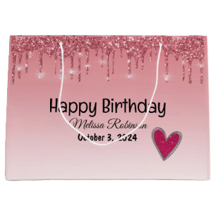 Elegant Pink Dripping Glitter Happy Birthday  Large Gift Bag