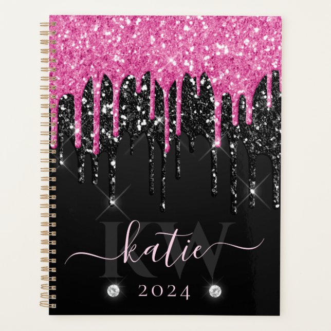 Elegant Pink Dripping Glitter Monogram Planner (Front)