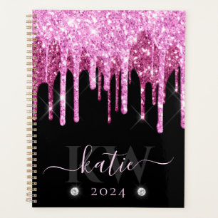 Elegant Pink Dripping Glitter Monogram Planner