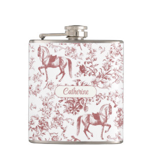 Elegant Pink Equestrian Floral Toile Name Hip Flask