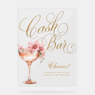 Elegant Pink Faux Gold Floral Cash Bar Acrylic Sign