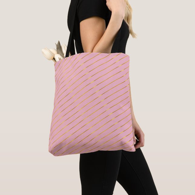 Elegant Pink Faux Gold Striped Glamour Design Chic Tote Bag (Close Up)