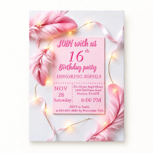 Elegant Pink Feathers Sweet 16 Birthday Invitatio Invitation