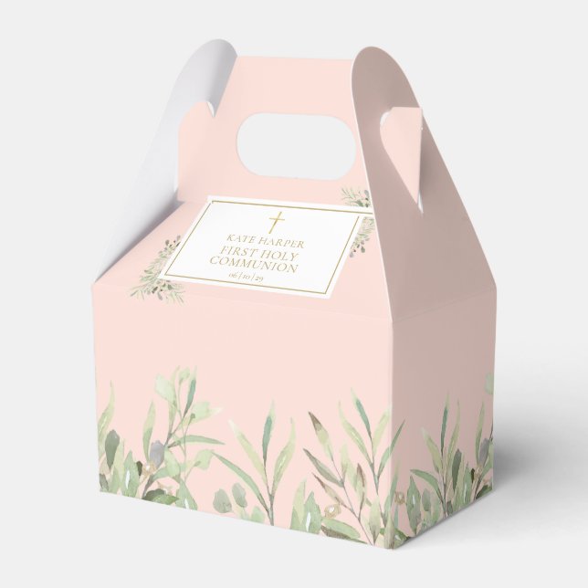 Elegant Pink First Holy Communion Greenery Favour  Favour Box (Front Side)