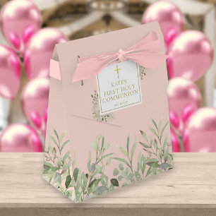 Elegant Pink First Holy Communion Greenery Floral Favour Box