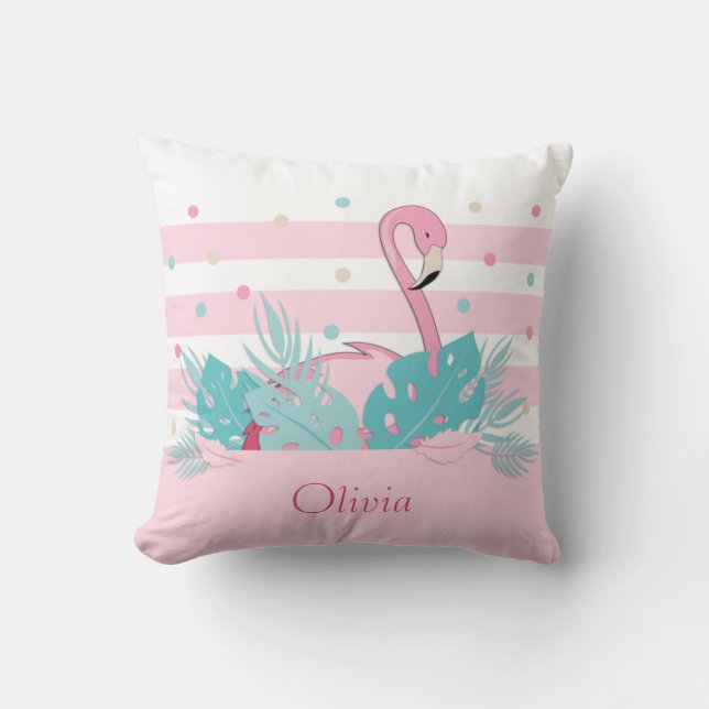     Elegant Pink Flamingo and Tropical Leaves  Cushion (Front)