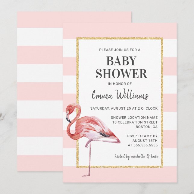 Elegant Pink Flamingo Baby Shower Invitations (Front/Back)