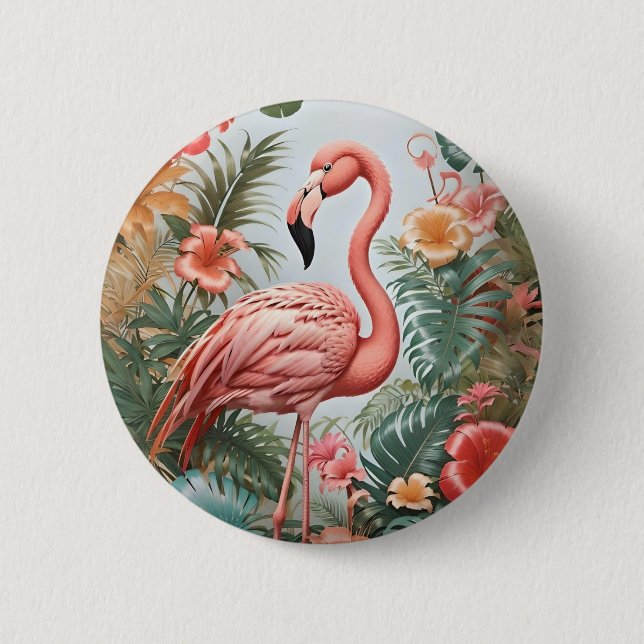 Elegant Pink Flamingo Bird and Tropical Flowers 6 Cm Round Badge (Front)