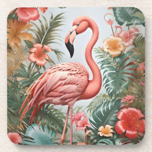 Elegant Pink Flamingo Bird and Tropical Flowers Coaster