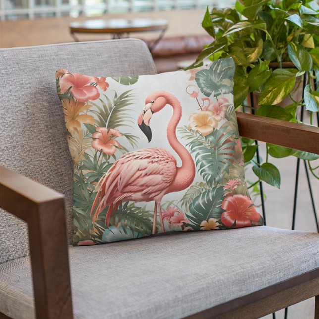 Elegant Pink Flamingo Bird and Tropical Flowers Cushion (Creator Uploaded)