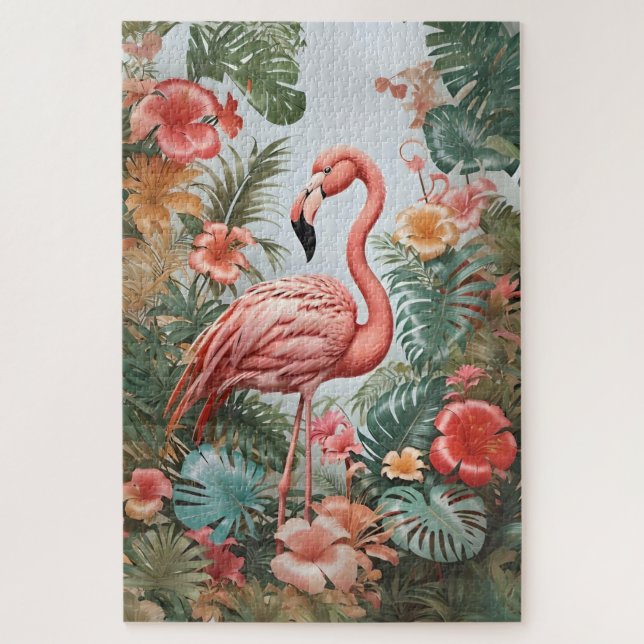 Elegant Pink Flamingo Bird and Tropical Flowers Jigsaw Puzzle (Vertical)