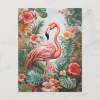 Elegant Pink Flamingo Bird and Tropical Flowers