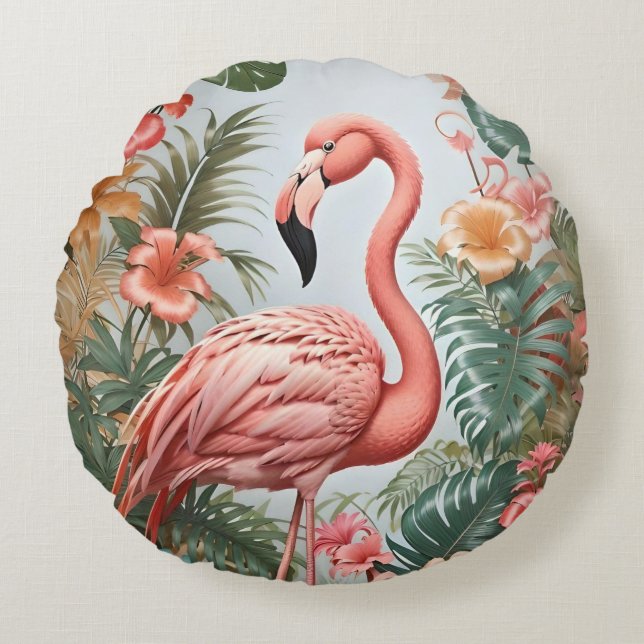 Elegant Pink Flamingo Bird and Tropical Flowers Round Cushion (Front)