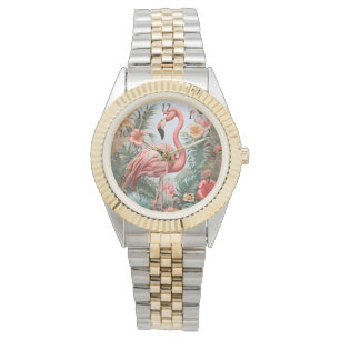 Elegant Pink Flamingo Bird and Tropical Flowers Watch