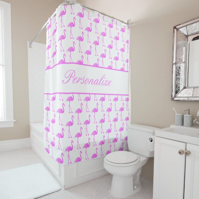 Elegant pink flamingo bird animal print custom shower curtain (In Situ)
