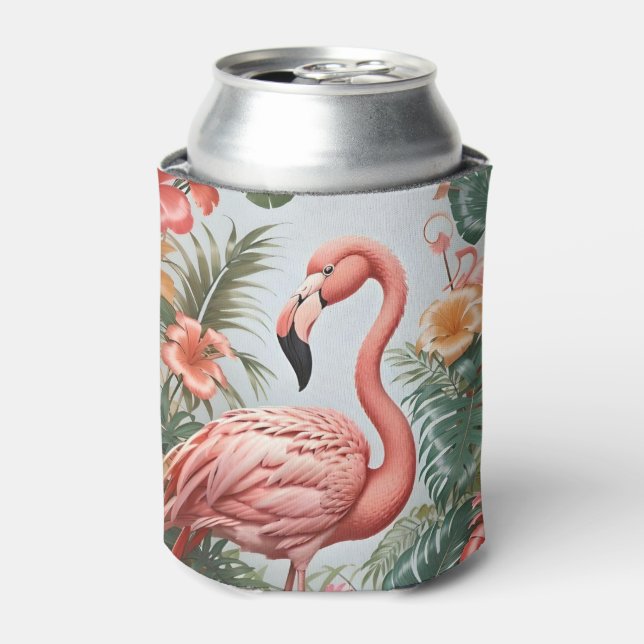 Elegant Pink Flamingo Bird Tropical Flowers Can Cooler (Can Front)