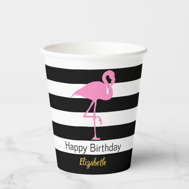Elegant Pink Flamingo Black and White Stripes Name Paper Cups (Front)