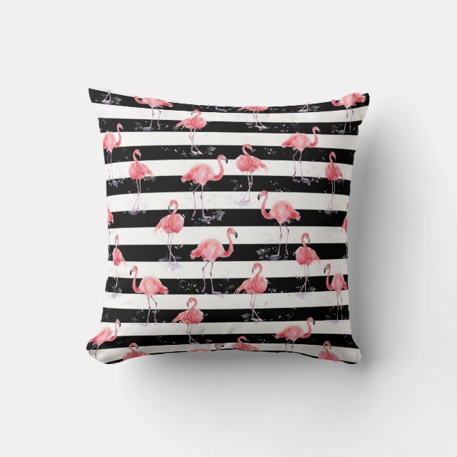 Elegant Pink Flamingo Black stripes pattern Cushion (Front)