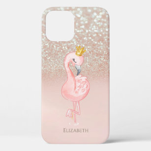 Elegant Pink Flamingo Crown Princess,Glitter Bokeh iPhone 12 Case