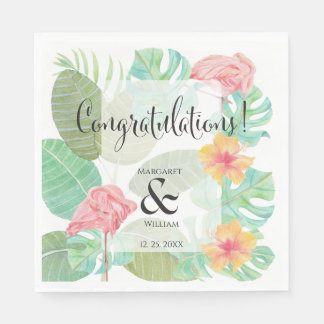 Elegant Pink Flamingo, Tropical leaves and flower  Napkin
