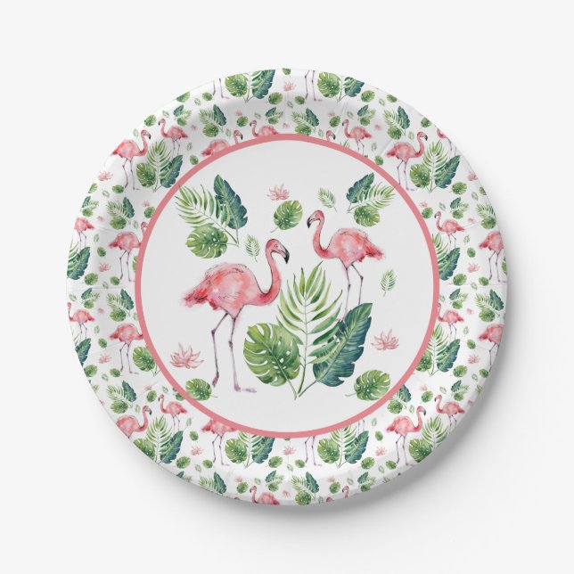      Elegant Pink Flamingo Tropical Leaves Pattern Paper Plate (Front)
