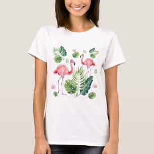 Elegant Pink Flamingo Tropical Leaves T-Shirt