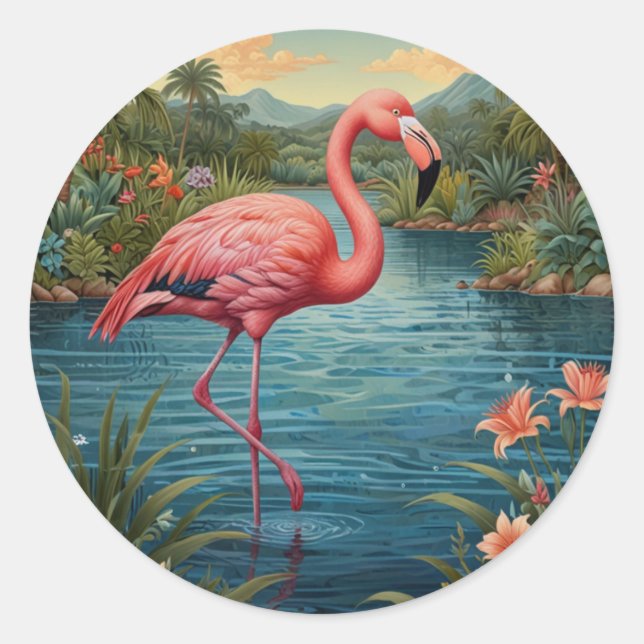 Elegant pink flamingo tropical paradise   classic round sticker (Front)