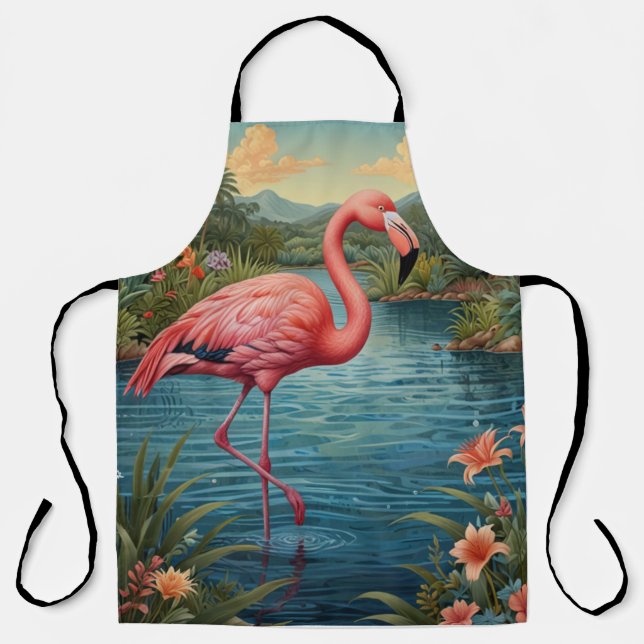 Elegant pink flamingo tropical paradise lagoon apron (Front)