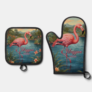 Elegant pink flamingo tropical paradise lagoon oven mitt & pot holder set