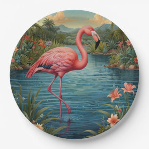 Elegant pink flamingo tropical paradise paper plate