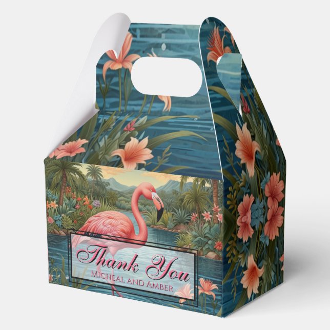 Elegant pink flamingo tropical paradise thank you favour box (Front)