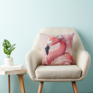 Elegant Pink Flamingo with Pearls and Feathers Cushion
