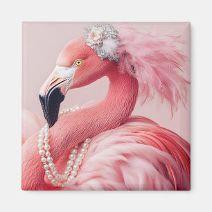 Elegant Pink Flamingo with Pearls and Feathers Magnet