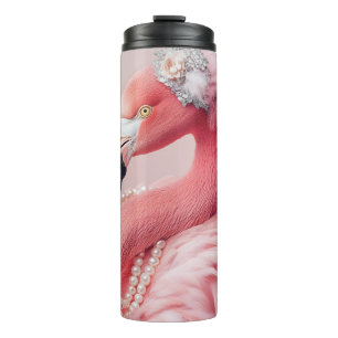 Elegant Pink Flamingo with Pearls and Feathers Thermal Tumbler