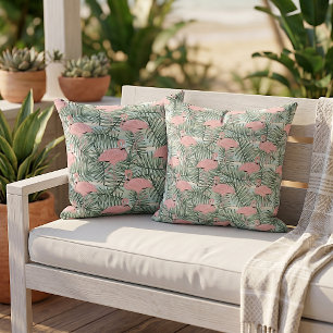 Elegant Pink Flamingoes Green Palm Leaves Pattern Cushion